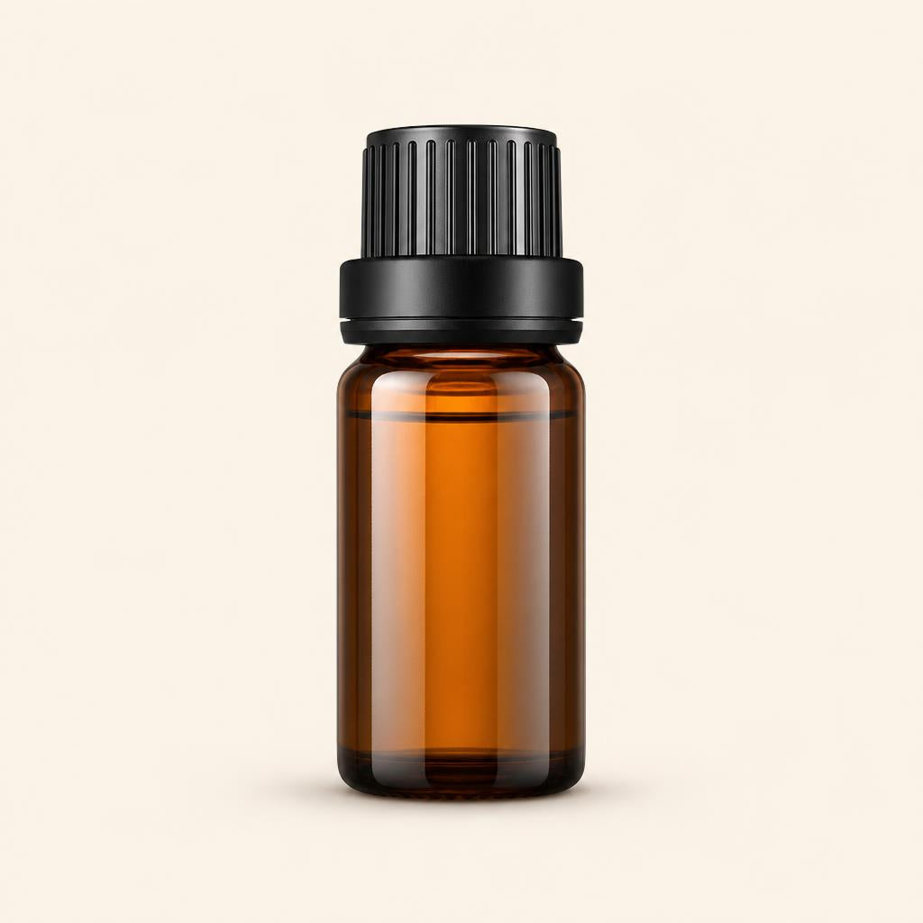 Natural essential oil bottle, front view